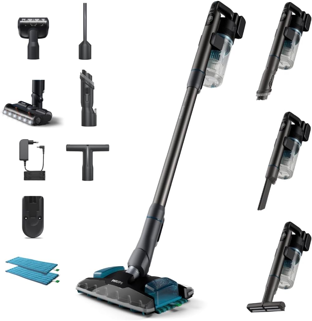 Philips Kabelloser Staubsauger der 8000er Serie für Haustiere, Hervorragende Saugleistung, Display, Düsen mit LED-Licht, Tierhaardüse, Aqua-Düse, Anti-Allergie-Filterung (XC8055/01)