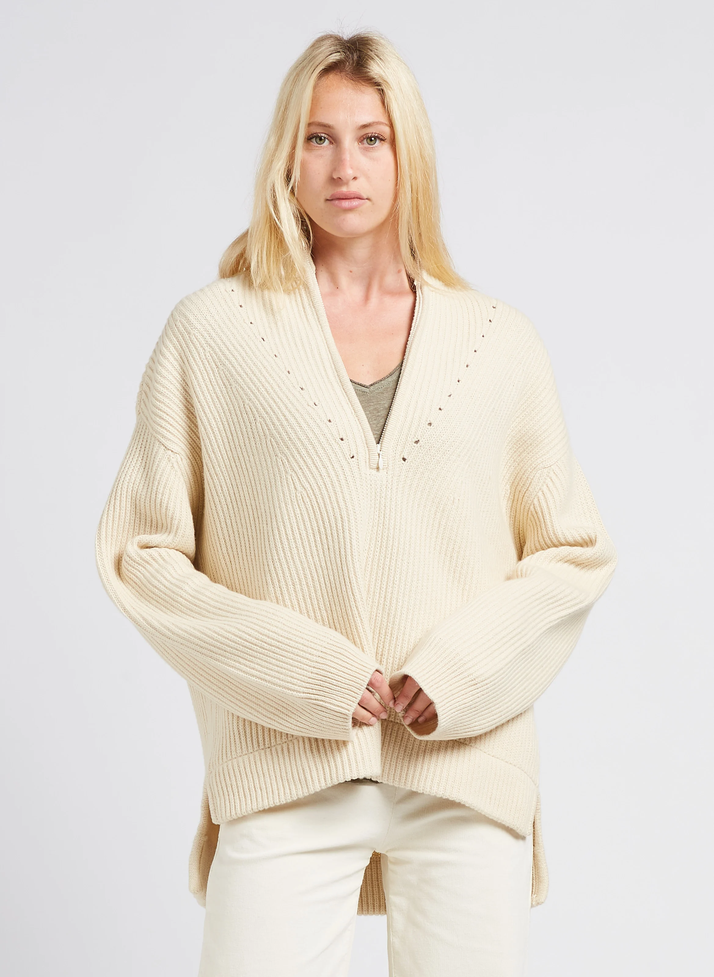 PULL ETOLE - Pull col montant zippé en laine mélangée | Blanc