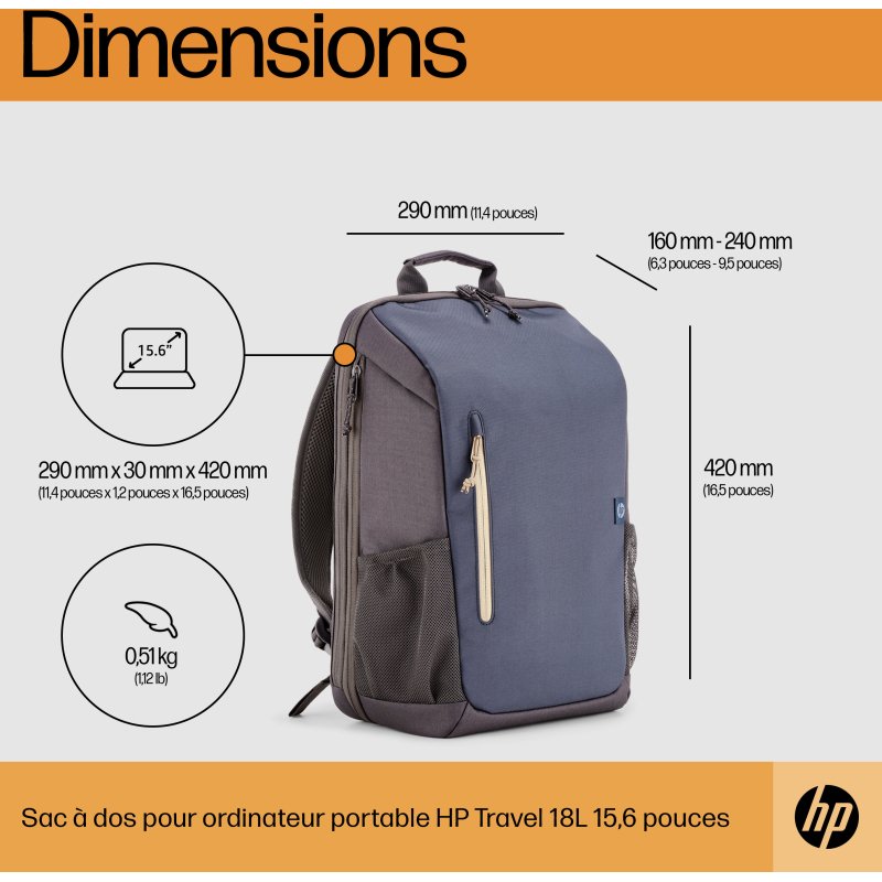 HP Sac à dos pour ordinateur portable 15,6 pouces Travel 18 litres (bleu nuit)