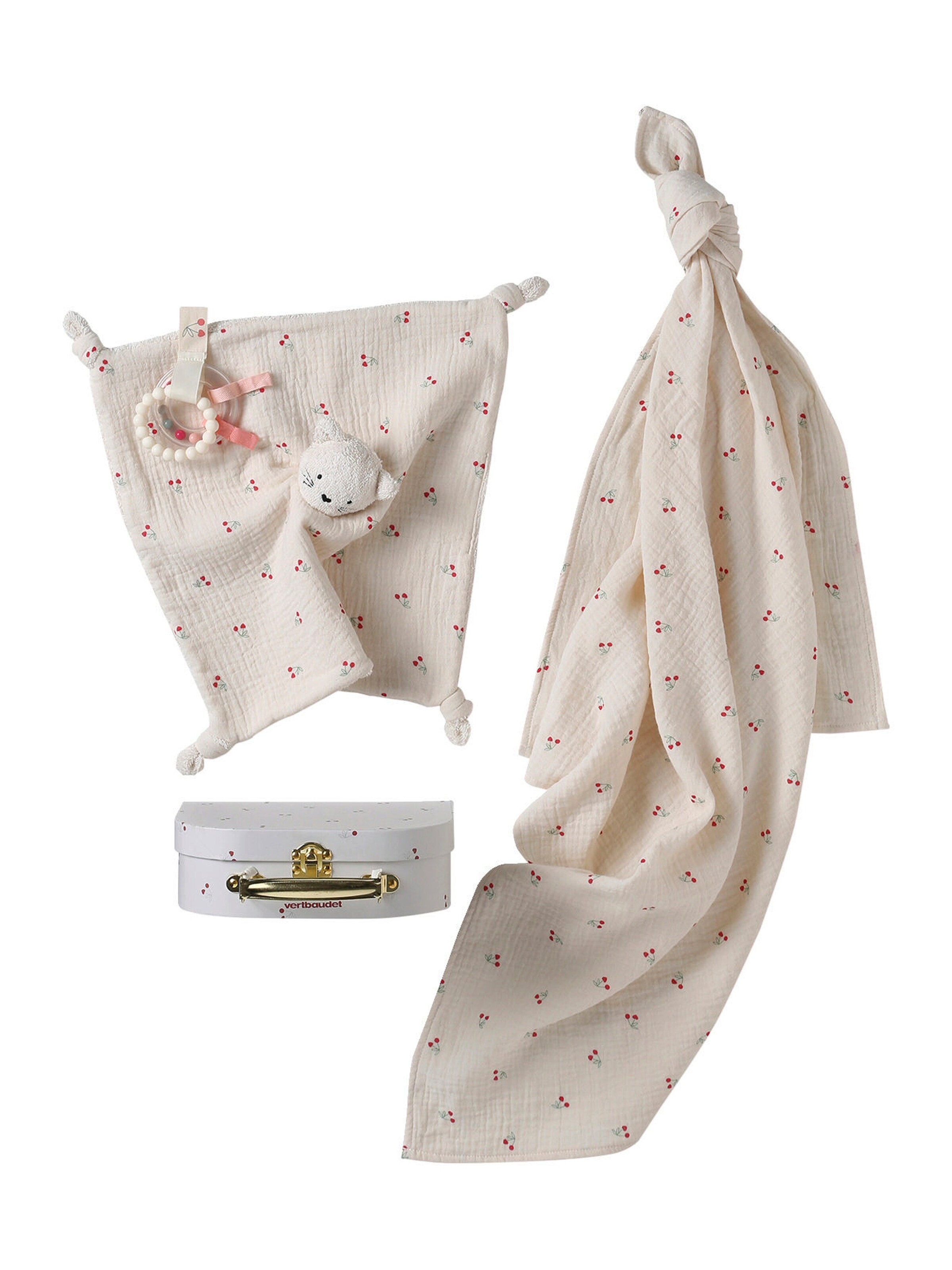 Vertbaudet Baby Geschenkkoffer: Schmusetuch, Beißringe & Wickeltuch CHERRY rot