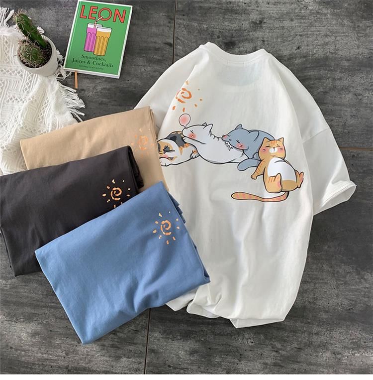 Bay Go Mall - T-shirt met ronde hals en kattenprint, met elleboogmouwen