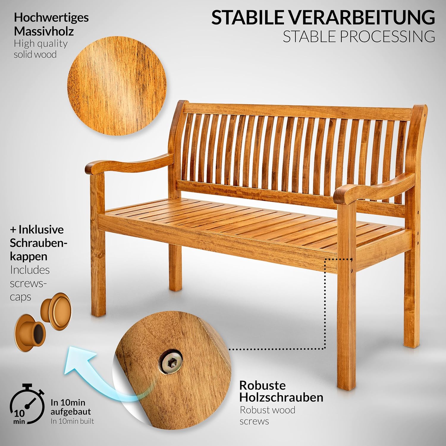 tillvex Gartenbank Holz 3-4 Sitzer inkl. Abdeckung wetterfest 150 cm | Parkbank Massivholz | Balkonbank Sitzbank 320 kg belastbar | Holzbank Gartenmöbel für Balkon, Terrasse & Garten