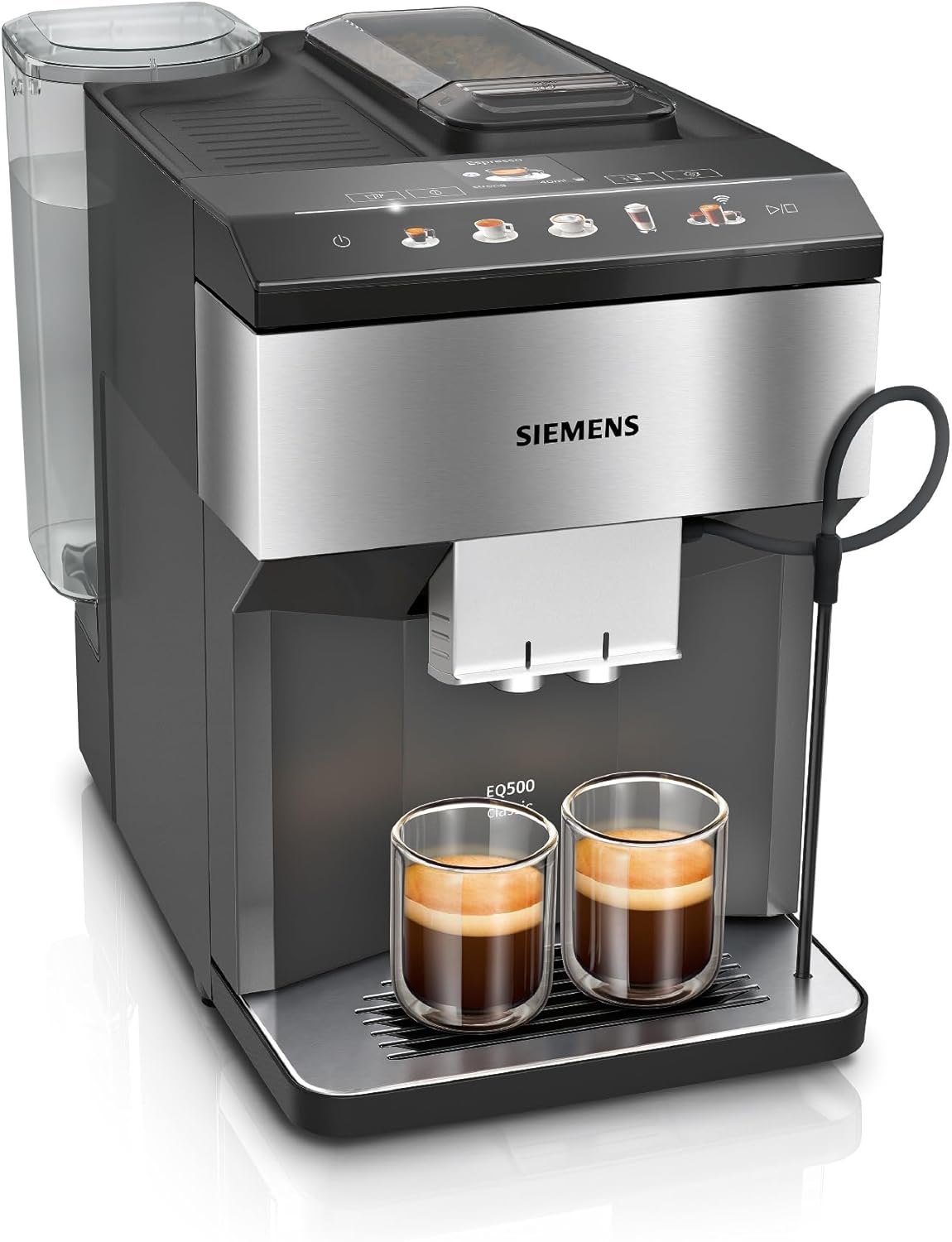 Siemens Kaffeevollautomat EQ500 classic TP516DX3, App-Steuerung, viele Kaffeespezialitäten, integr. Milchbehälter, Doppeltassenfunktion, automat. Dampfreinigung, 1500 W, Edelstahl/Klavierlack schwarz
