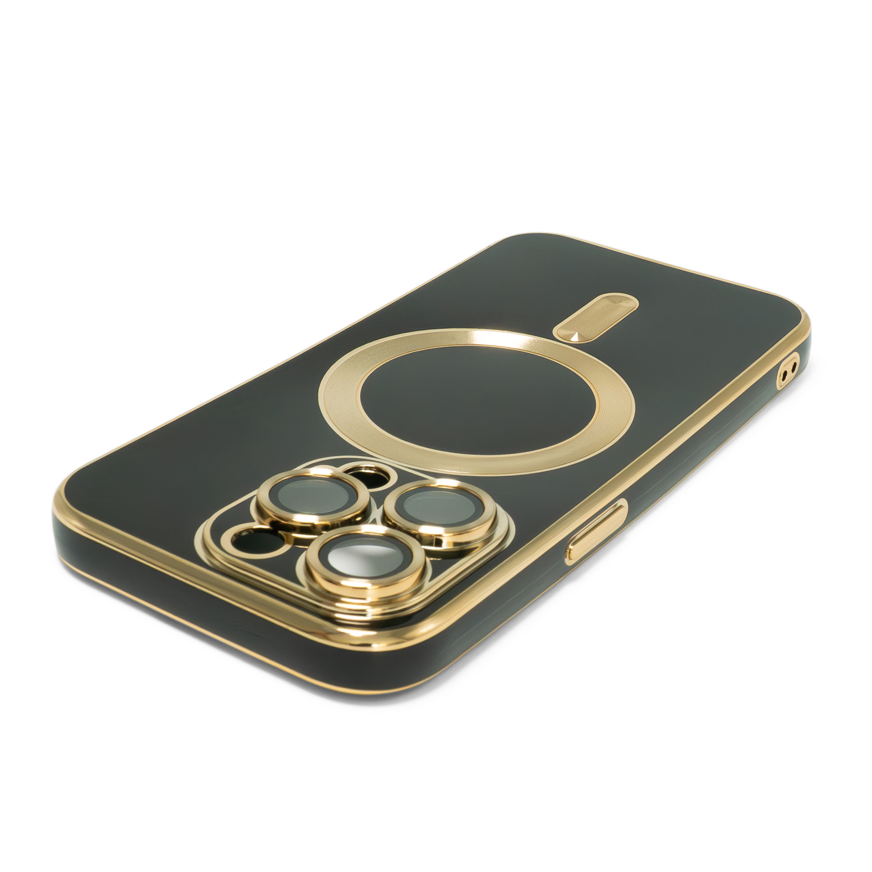 iPhone 14 Pro Max MagSafe Gummi Case Hülle Galvanisierter Rahmen   Kameraglasschutz - Dunkelgrün / Gold