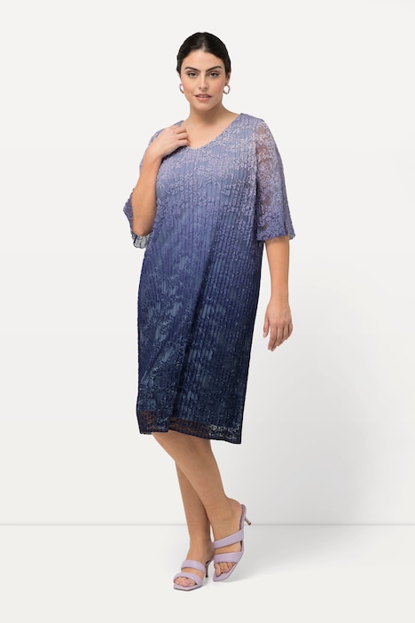 Midikleid, plissierte Spitze, V-Ausschnitt, Halbarm