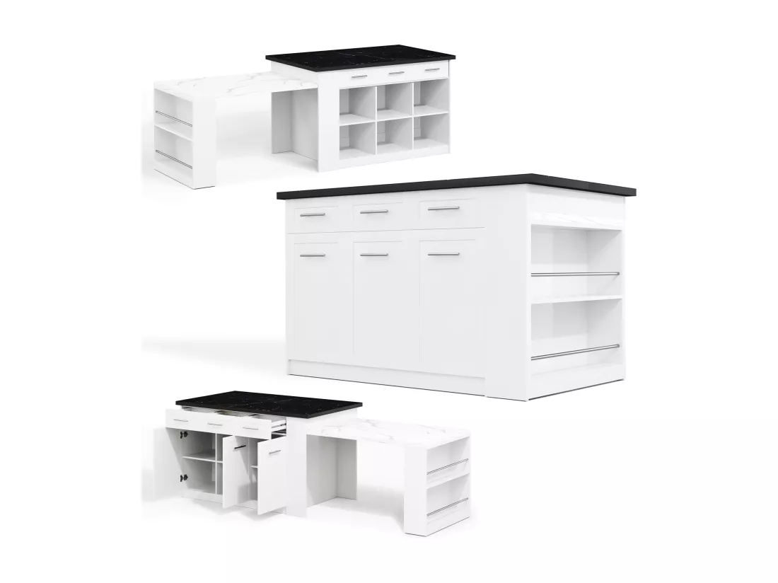 Ilot central de cuisine avec 3 portes, 6 tiroirs et compartiments - plateau extensible - 150/246 x 90 x 90 cm - Bois MDF - Blanc + noir