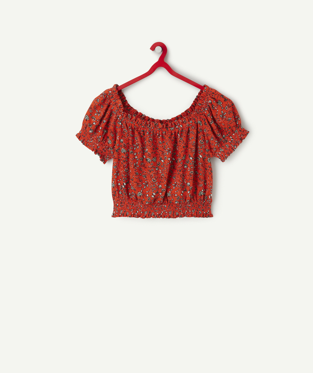 top élastiqués fille en viscose responsable rouge imprimé à fleurs