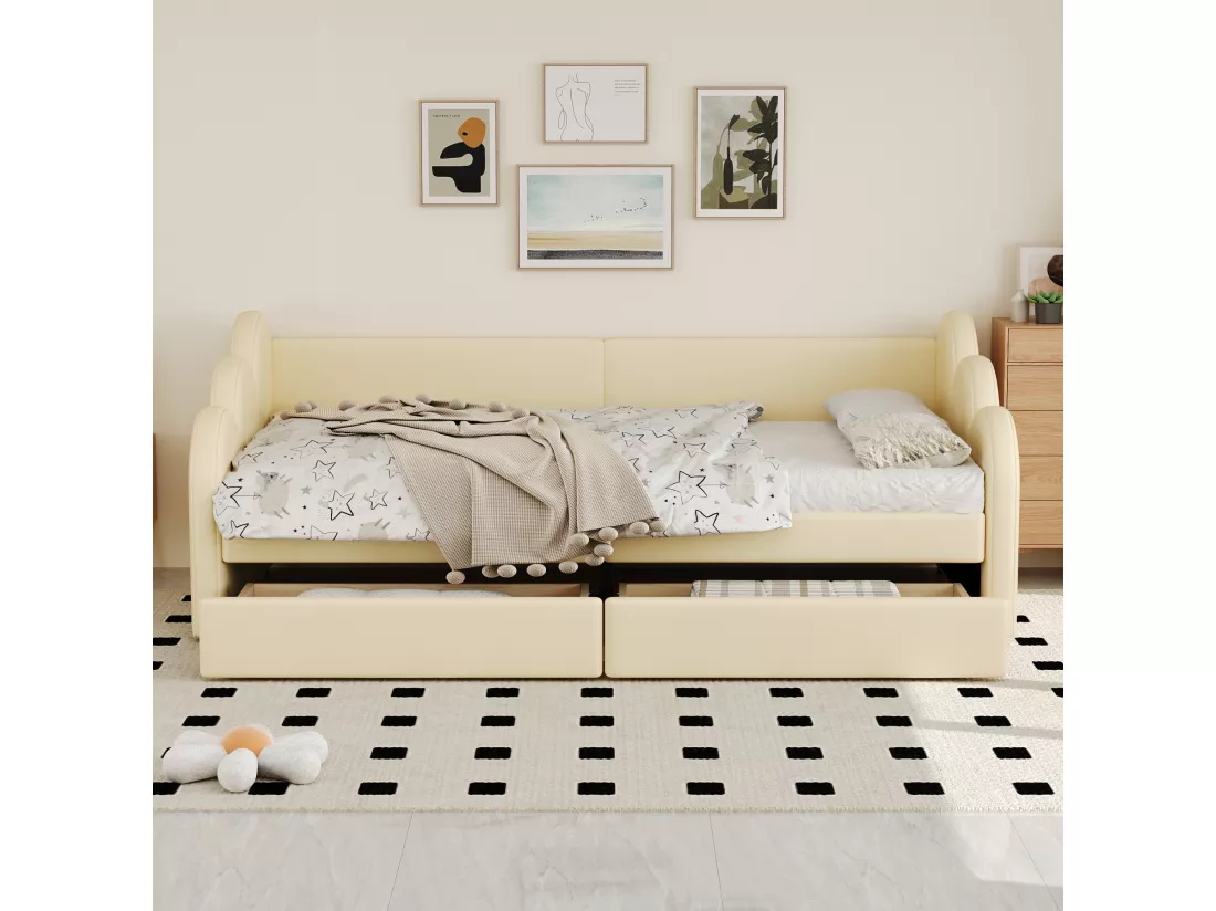 Lit banquette rembourré en similicuir 90x200cm - avec 2 tiroirs - Beige