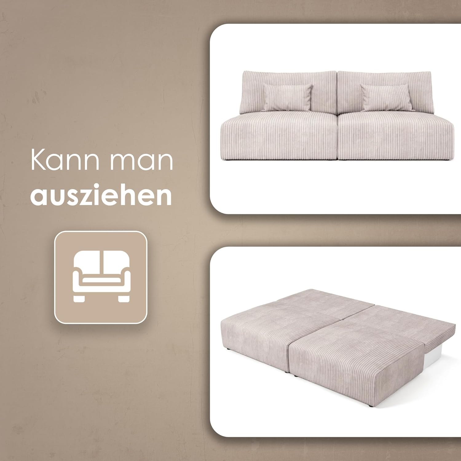 Moderno Sofa mit Schlaffunktion Modulo - Modern Cord Sofa mit 2 Sitzen und Robusten Überzug - Modular Schlafcouch - Couch mit Bettzeugcontainern - 210x80x108 cm - Creme