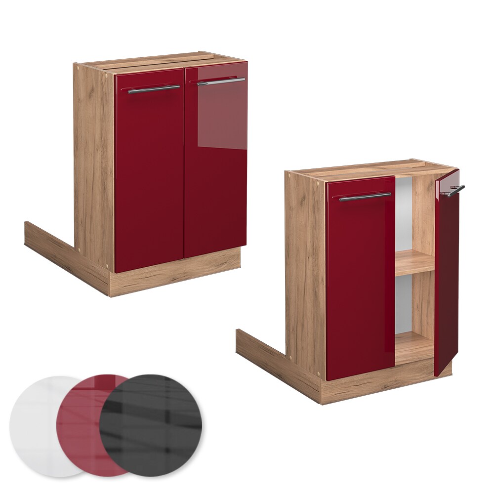 Vicco Regalinselunterschrank Küchenschrank Küchenmöbel Fame-Line Eiche Bordeaux Rot 60 cm modern Hochglanz Küche Einbauküche Kücheninsel Drehtür Einlegeboden Blende Küchenunterschrank Küchenzeile