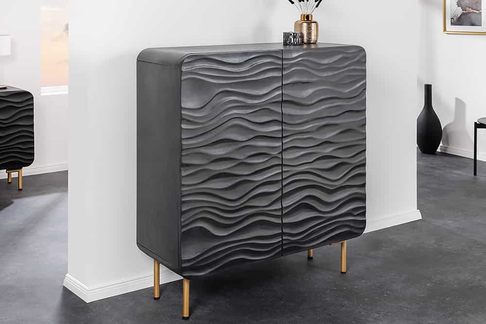 Design Highboard WAVE 120cm schwarz Mangoholz mit 3D Schnitzereien mattgold Metallbeine