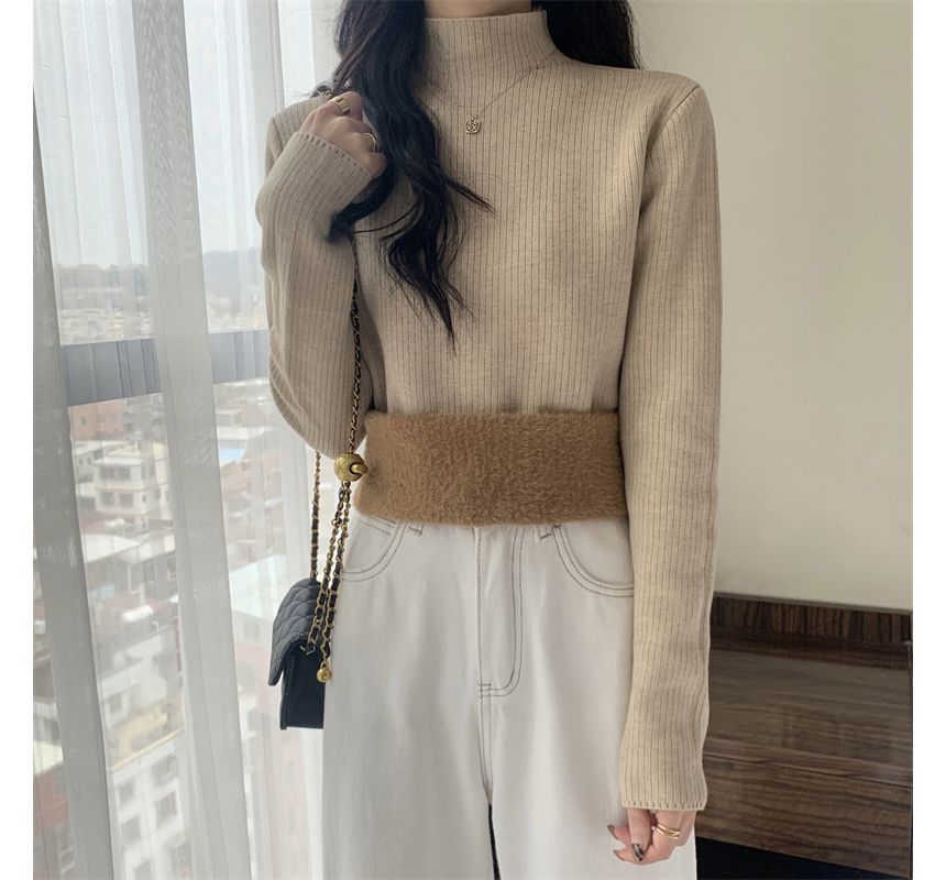 PINPI - Lange mouwen, geribbelde top met effen fleecevoering en mockneck