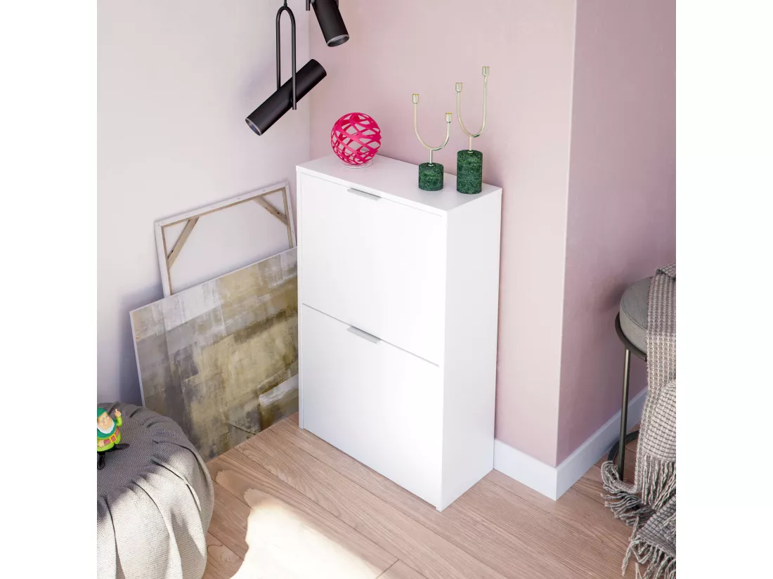 Étagère à chaussures Valdosta, Étagère à chaussures peu encombrante avec 2 portes, Étagère à chaussures d'entrée, Armoire à chaussures, 50x22h76 cm, Blanc