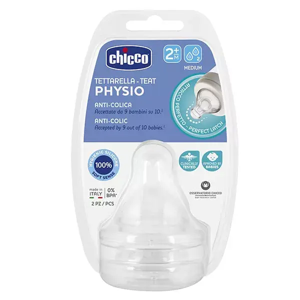 Acessórios para mamadeira Chicco: Bico fisiológico anticólica, fluxo médio, +2 meses, pacote com 2 unidades