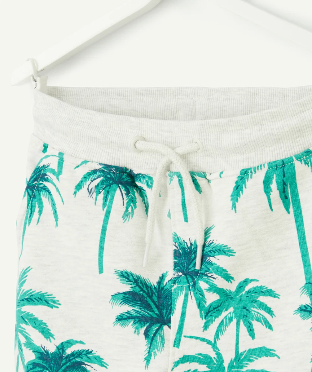 bermuda garçon en coton biologique gris chiné imprimé palmiers verts