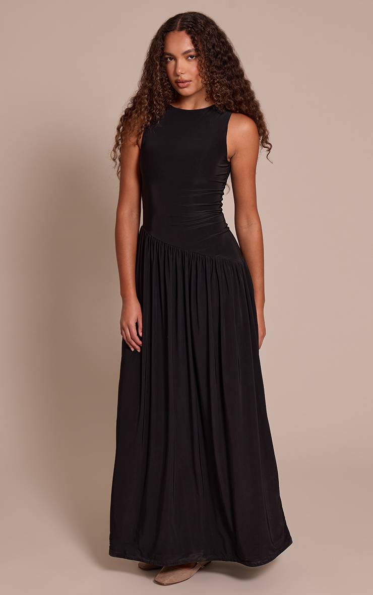 Noir Robe Maxi Longue À Double Couche Toucher Doux Avec Taille Basse Asymétrique