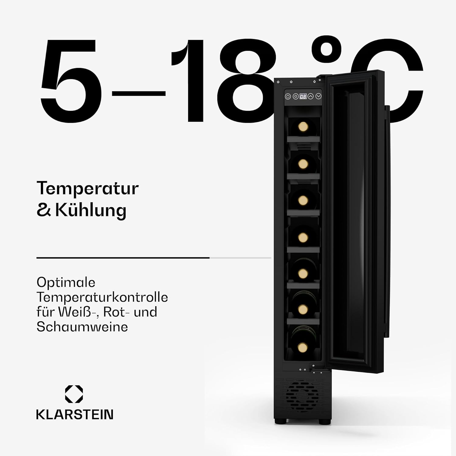 Klarstein Vinovilla 7 Uno Weinkühlschrank Einbau - 7 Flaschen, 1 Zone, 5-18 °C, LED-Beleuchtung, Leiser Betrieb, Mattschwarz, Schmaler Weinkühlschrank