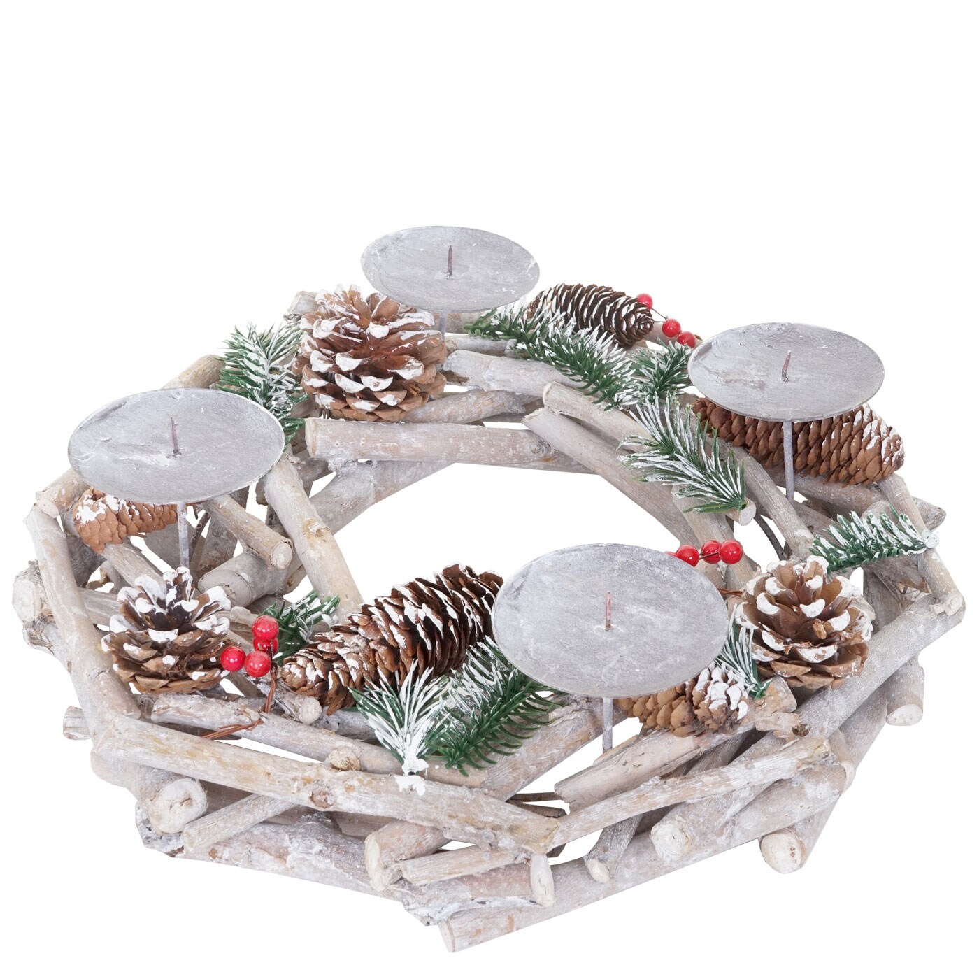Tischkranz rund, Weihnachtsdeko Adventskranz, Holz Ø 35cm weiß-grau ~ mit Kerzen, weiß