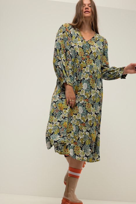 Kleid, A-Line, Flower Print, V-Ausschnitt, Langarm