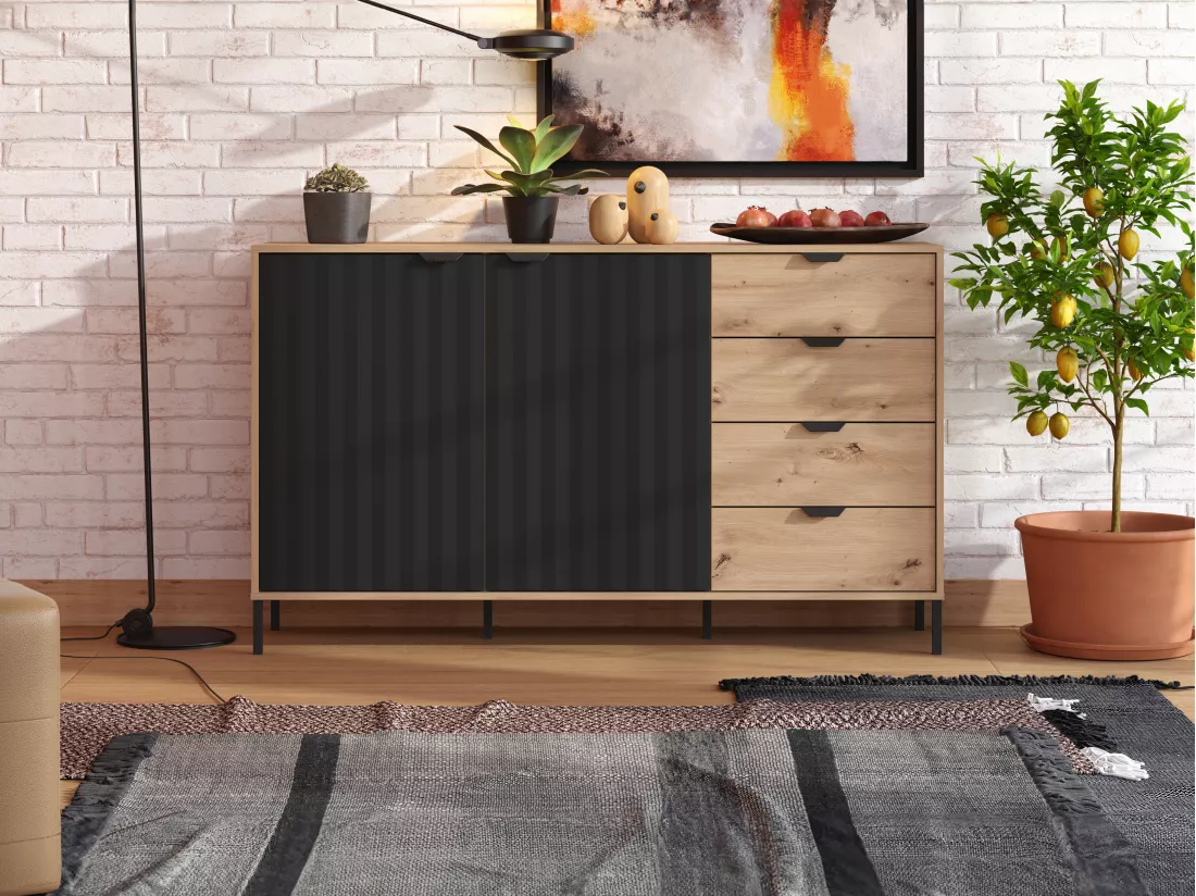 Buffet avec 2 portes et 4 tiroirs - Naturel et noir - MEVIELA