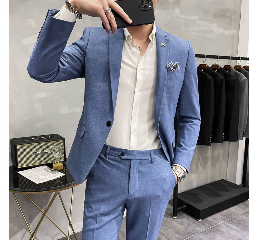 Deepwood - Set: Effen blazer met één knoop + Hoge taille rechte broek
