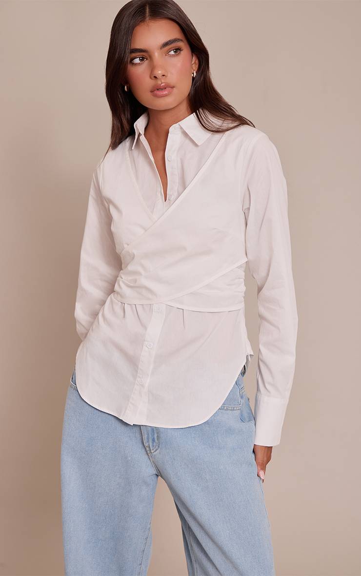 Blanc Chemise Longue En Coton Avec Détail Cache-cœur