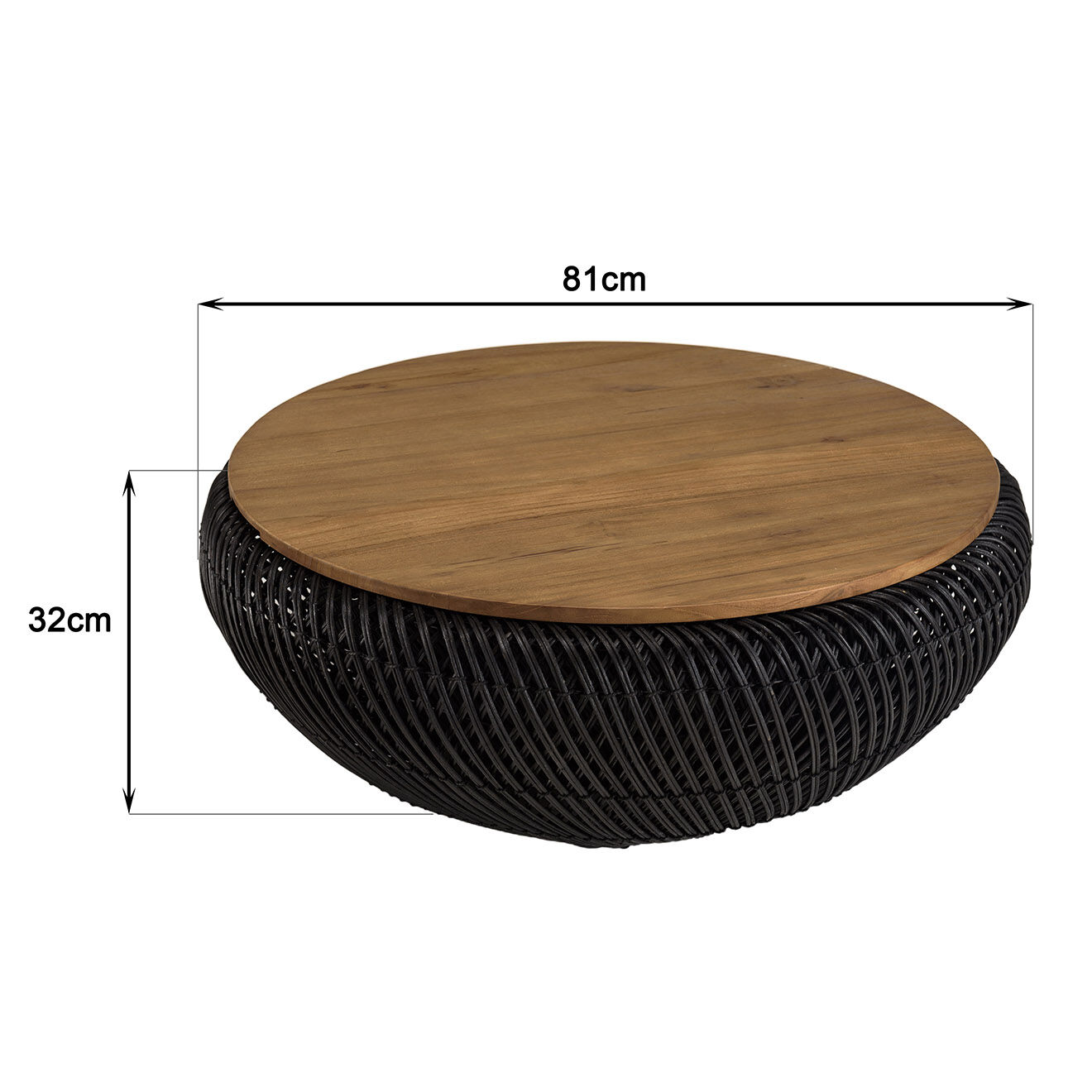 Macabane Table basse ronde en rotin noir plateau amovible Sixtine bois/noir - D.80x32 cm