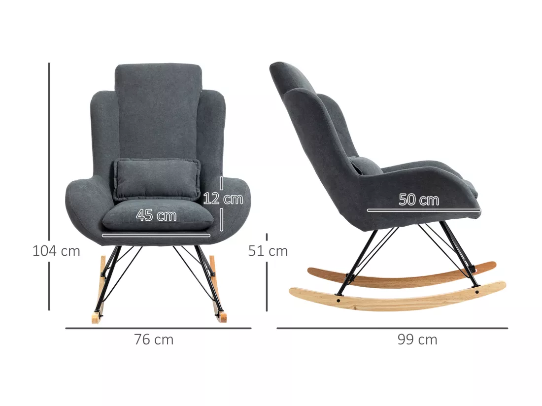 Fauteuil à bascule oreilles rocking chair grand confort accoudoirs assise dossier garnissage mousse haute densité lin gris