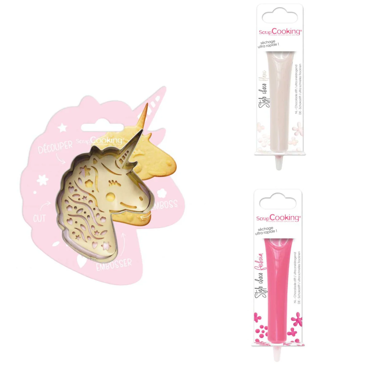 Kit pour biscuit en relief Licorne + 2 Stylos au chocolat blanc et fuc