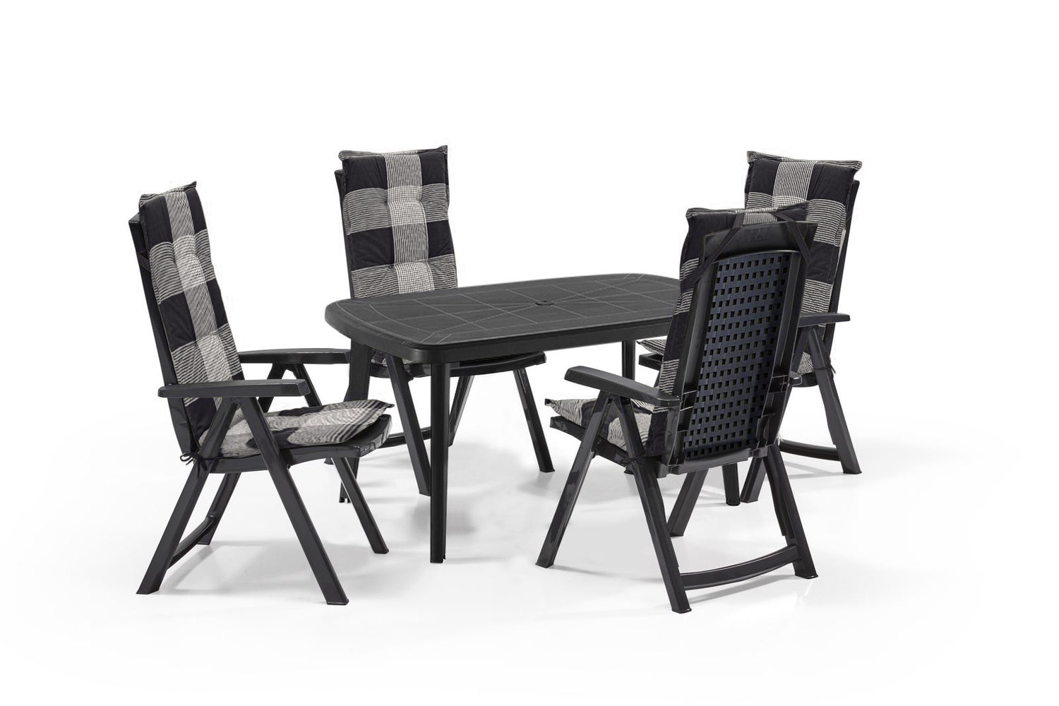 Shaf Milano 5-delige tuinset antraciet bestaande uit: 1 tafel en 4 klapstoelen met veiligheidsslot inclusief Madison geruite kussens