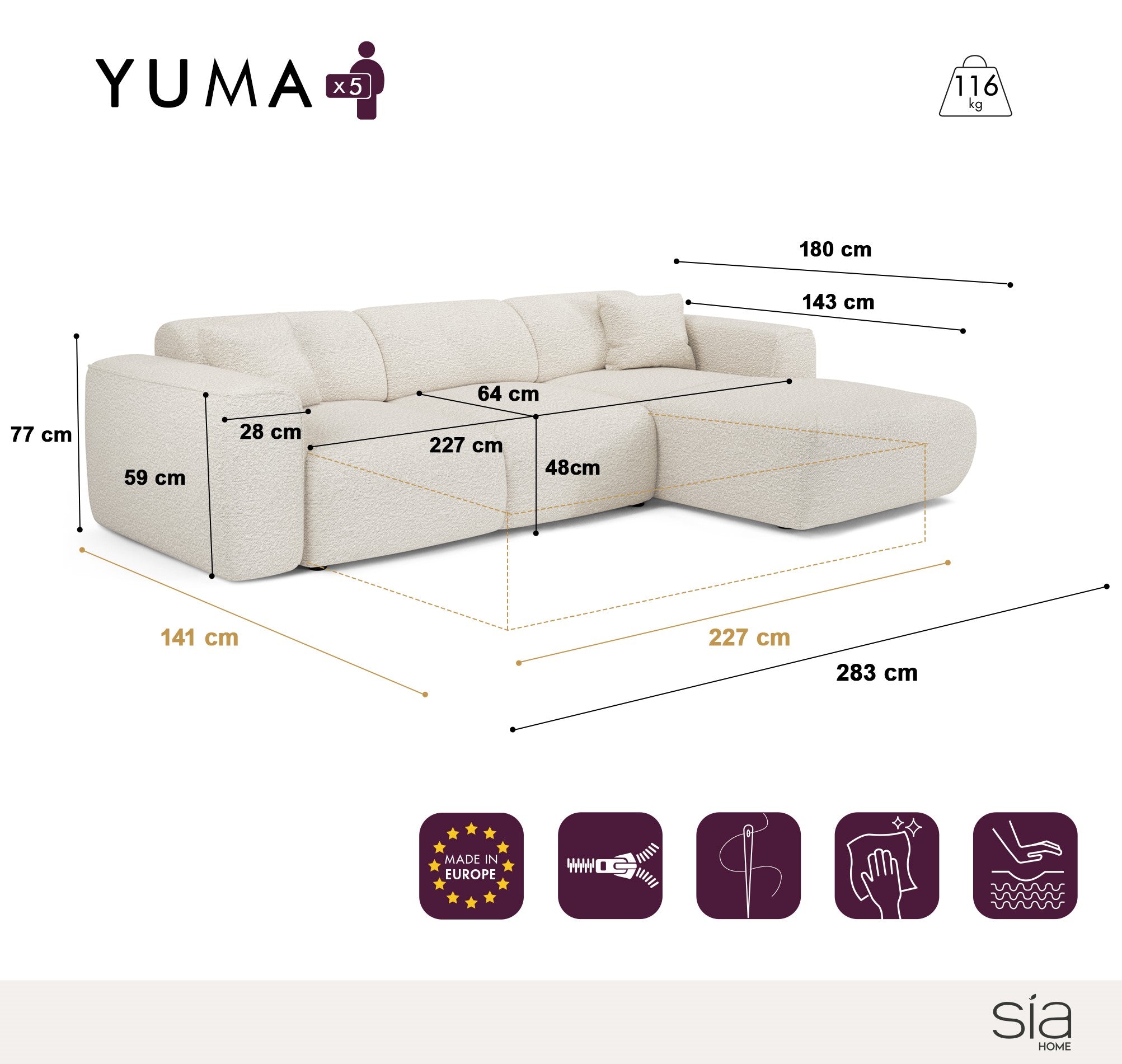 Hoekbanken YUMA 5 personen Fluweel met reliÃ«f Beige