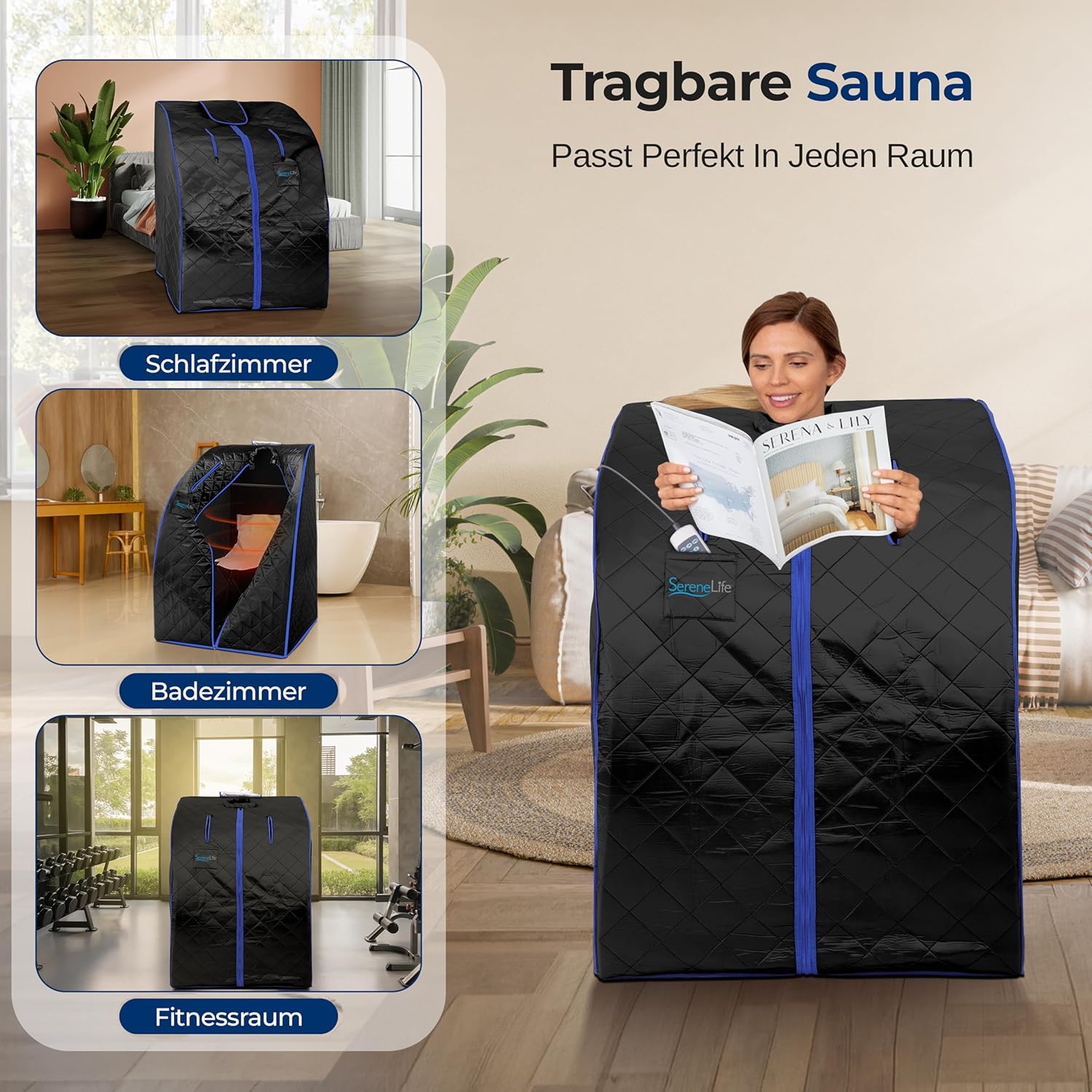 SereneLife Dampfsauna Zelt Schwarz 84×80×103 cm – Tragbare Heimsauna mit Stuhl und Heizmatte Faltbare Mini Sauna - Mobile Dampfbad Kabine bis 60°C, Carbon-Heizelement und Fernbedienung