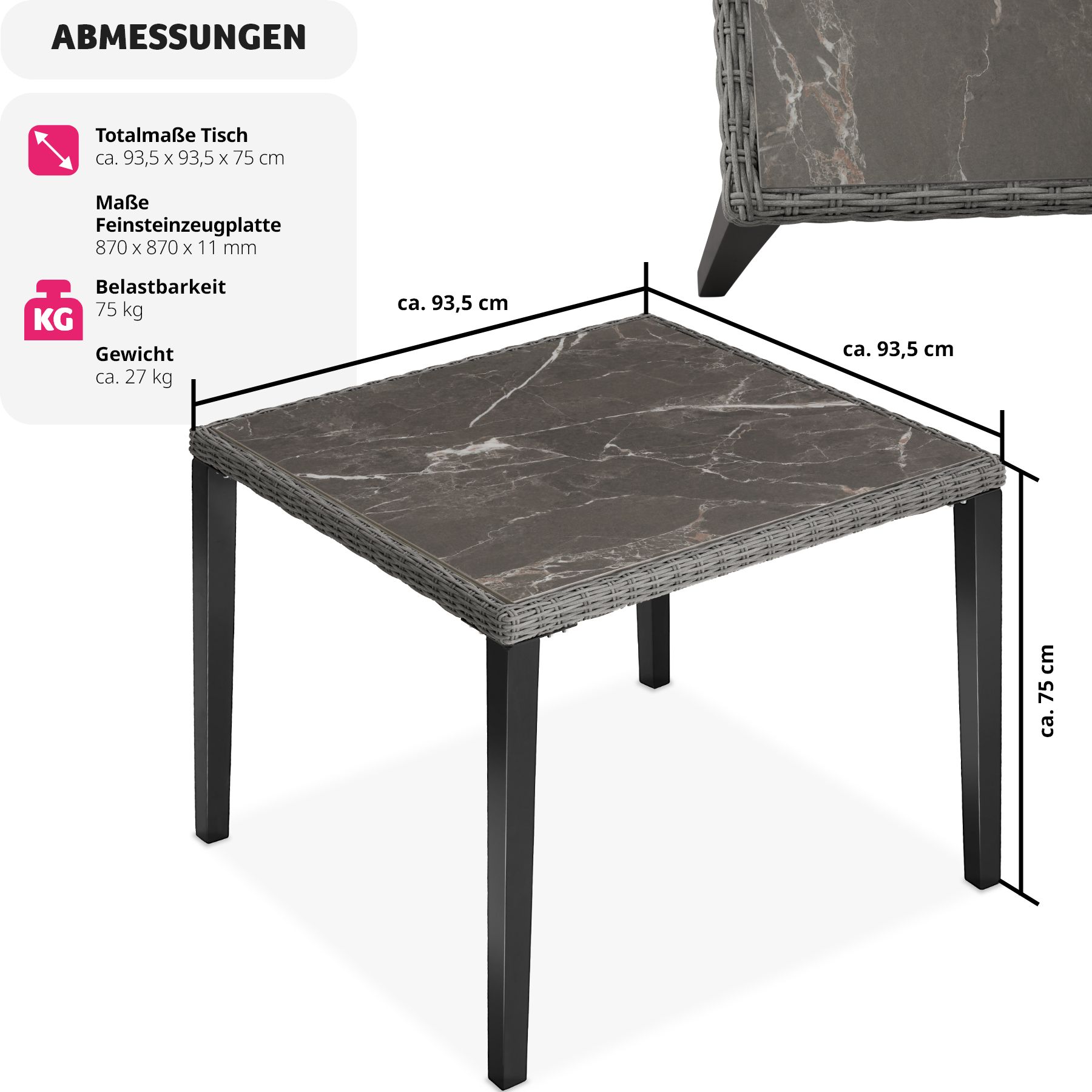 tectake® Rattan Tisch, mit Aluminium- und Holzgestell, wetterfest und UV-beständig, 93,5 x 93,5 x 75 cm