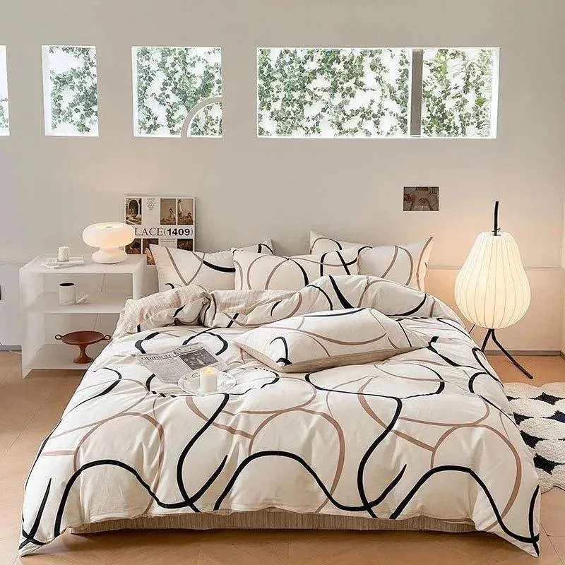 Cotton Black Beige White Line Printing Bedding Set | High Quality Quilt Bed sheet Duvet Pillow Cover
