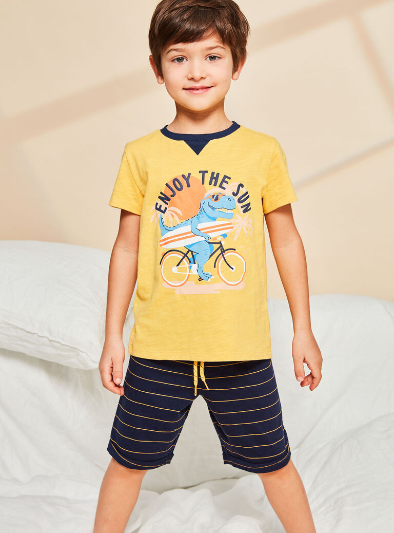 Pyjama jaune et bleu foncé à motif dinosaure
