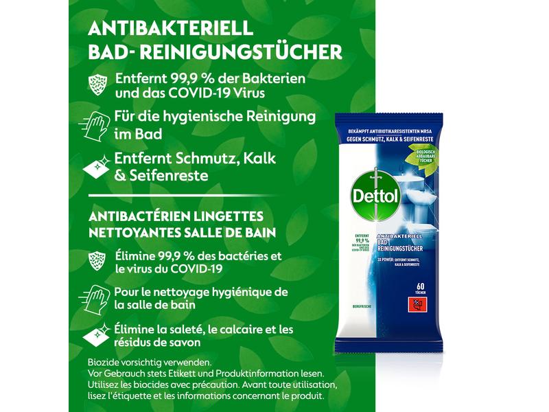 Dettol Bad-Reinigungstücher Bergfrische 60 Stück Antibakterieller Oberflächenreiniger für Bad und Toilette