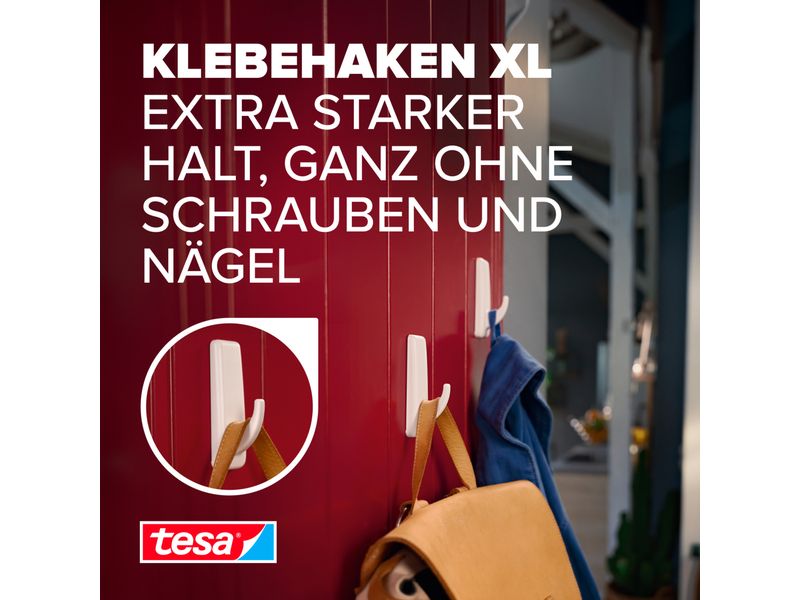 tesa Klebehaken Powerstrips Haken XL Rechteckig Weiss, 3 kg Selbstklebender Haken mit extra starkem Halt – wiederverwendbar – Montage ohne Bohren
