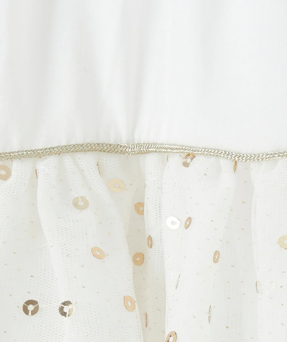 ROBE CRÉATEUR 2023 BÉBÉ FILLE EN TULLE BLANCHE AVEC SEQUINS COULEUR DORÉE