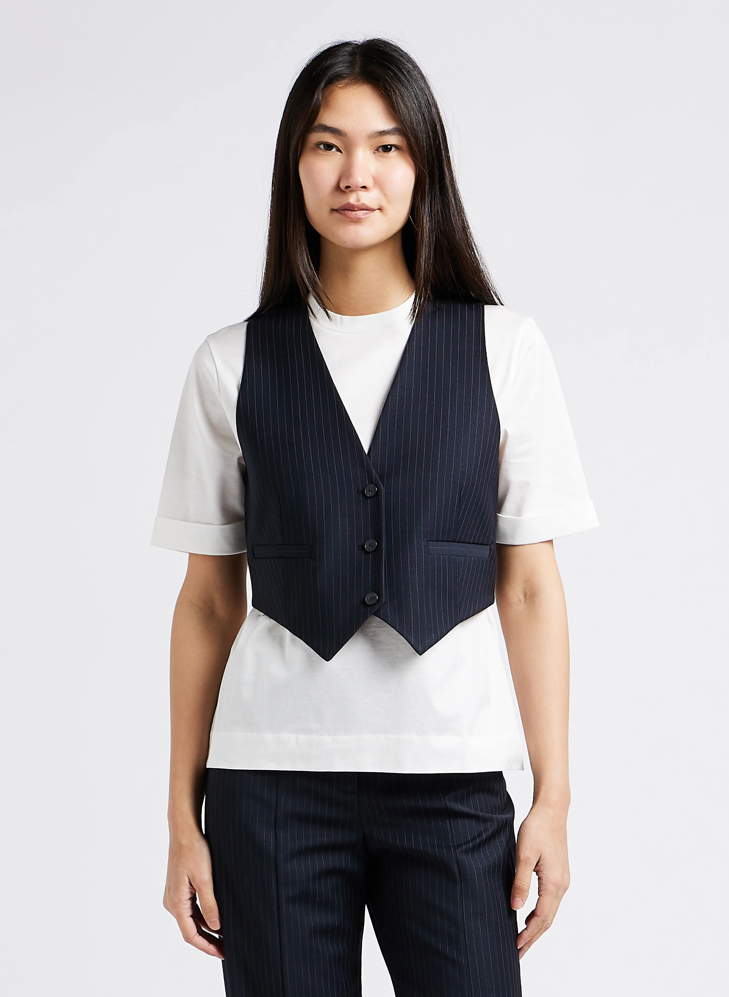 PASSY - Gilet de costume col V rayé| Bleu
