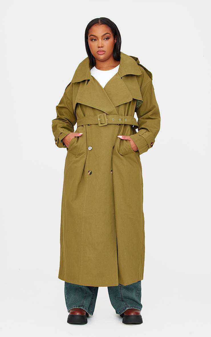 Kaki Trench-coat Oversize À Casynthétiqueche En Tissu Tissé Grande Taille