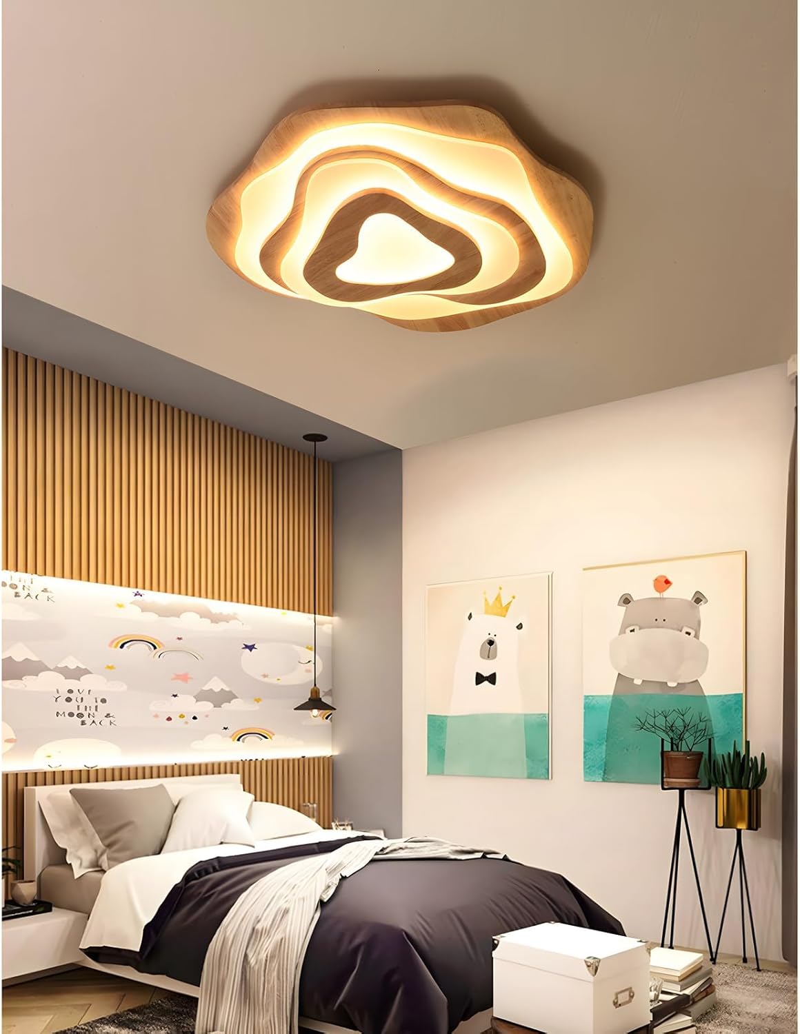 LED-Deckenleuchte Aus Holz | Ø57cm 50W 4300lm | 3000K-6000K Dimmbar Mit Fernbedienung, Moderne Wolkenlampe Aus Natürlichem Holz + Acryl, Wohnzimmer, Kinderzimmer, Küche, Esszimmer, Heimbüro