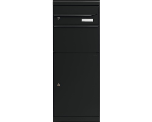MEFA pakketbrievenbus, gepoedercoat staal, BxHxD 402/1091/310 mm, Esdoorn 661 Zwartgrijs RAL 7021 semi-mat, frontuitname, 2 compartimenten met naamplaatje