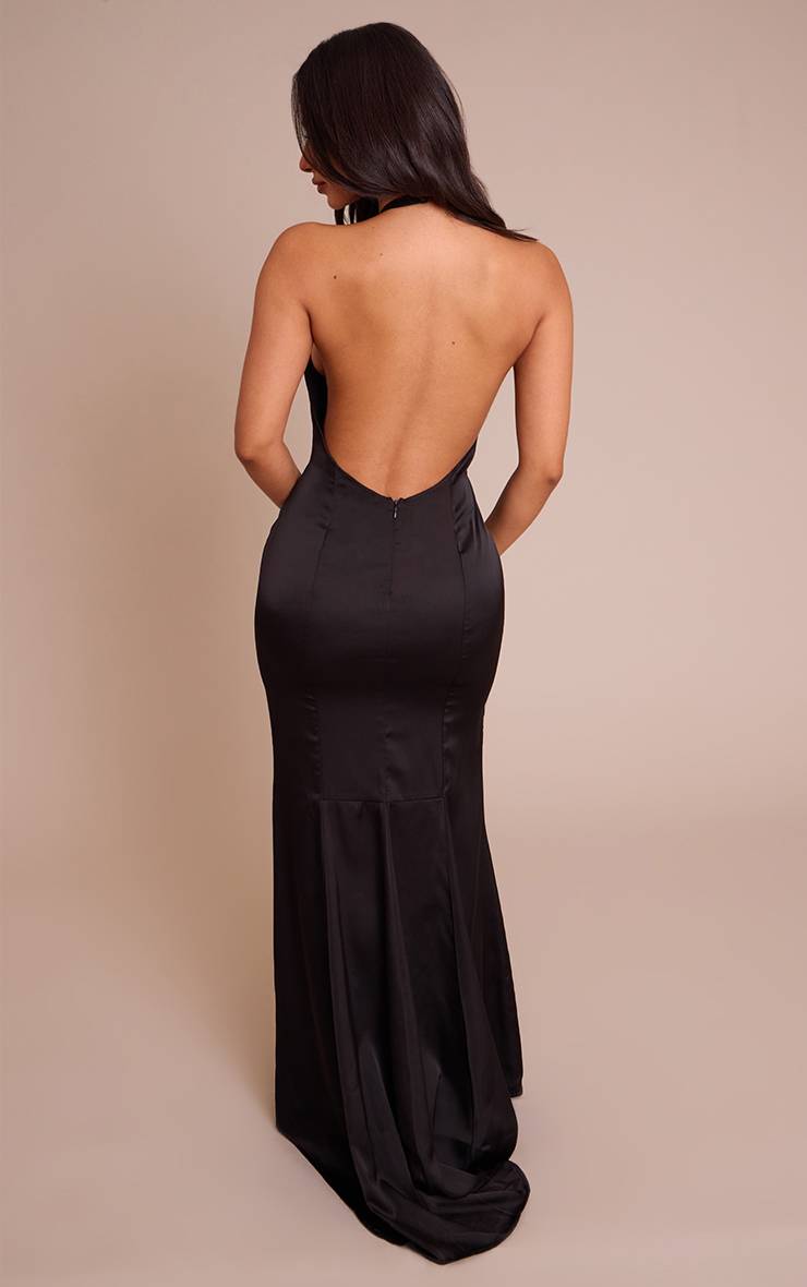Noir Robe Longue Satinée Dos Nu Avec Détails De Coutures Petite