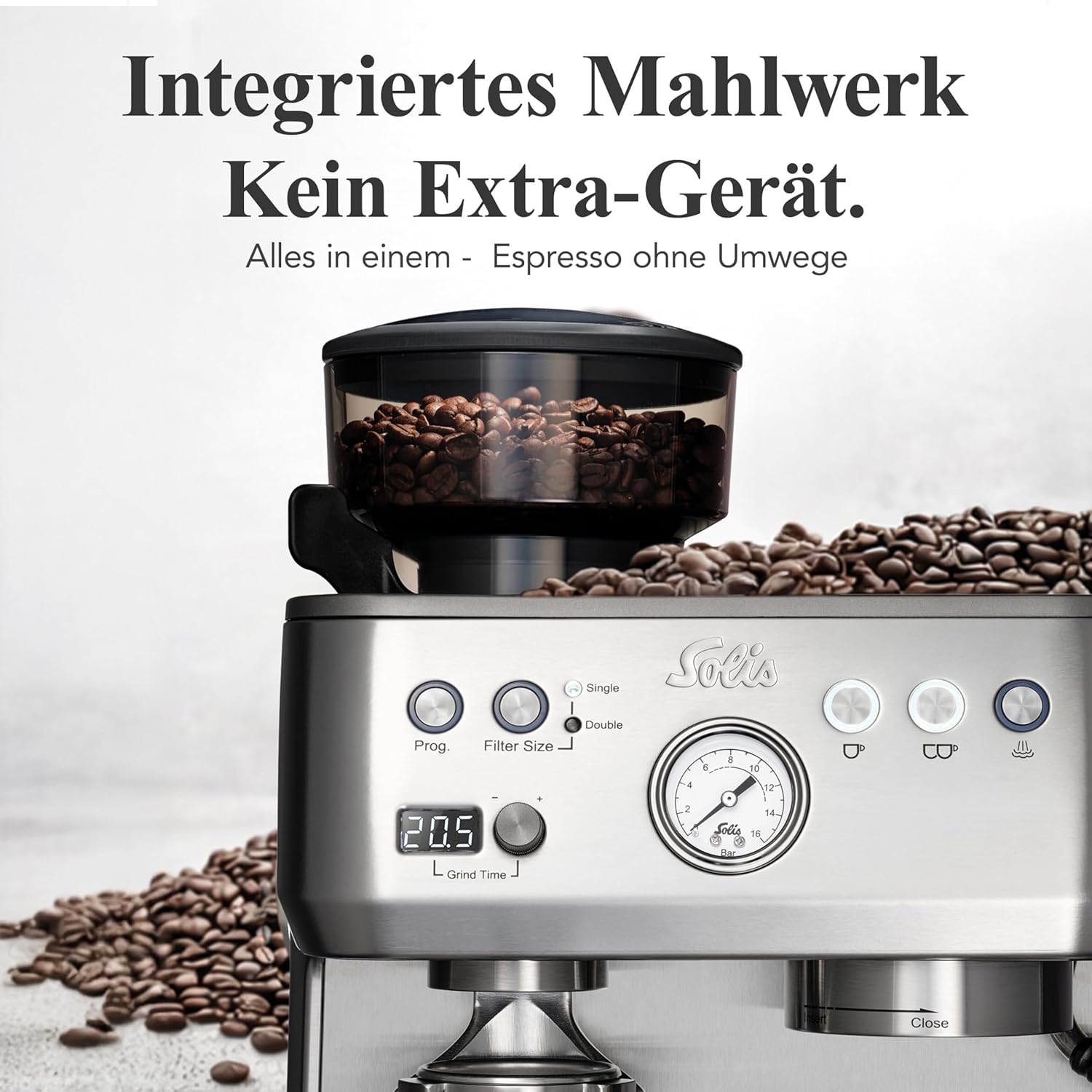 Solis Grind & Infuse Perfetta 1019 Siebträgermaschine - Kaffeemaschine mit Mahlwerk - Integrierte Zero Static Kaffeemühle - Espressomaschine mit Dampf- und Heißwasserfunktion - Edelstahl