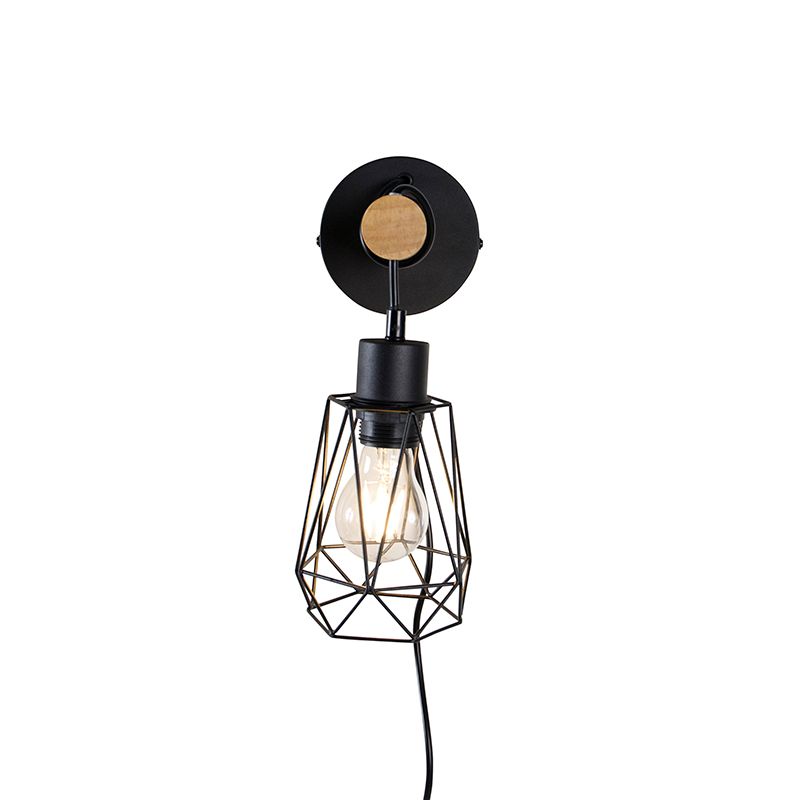Landelijke wandlamp zwart met hout - Dami Frame