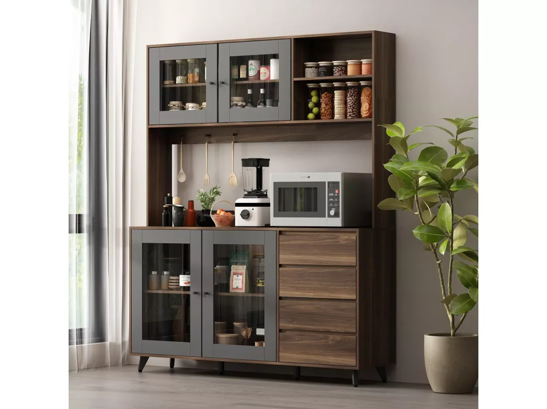 Buffet de cuisine Armoire verre haute Armoire de cuisine Plan de travaille Compartiment ouverts 4 portes 4 Tirois Marron&Noir 160x40x190cm