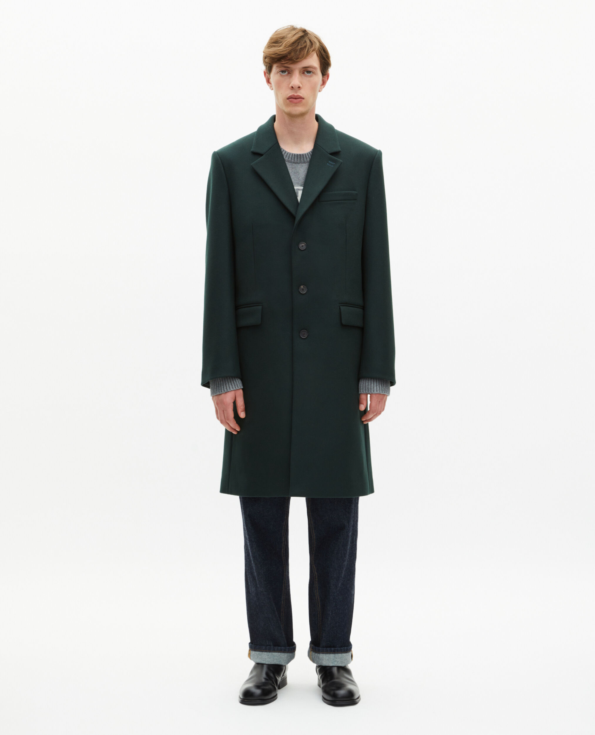 Manteau en laine col revers en cuir vert foncé