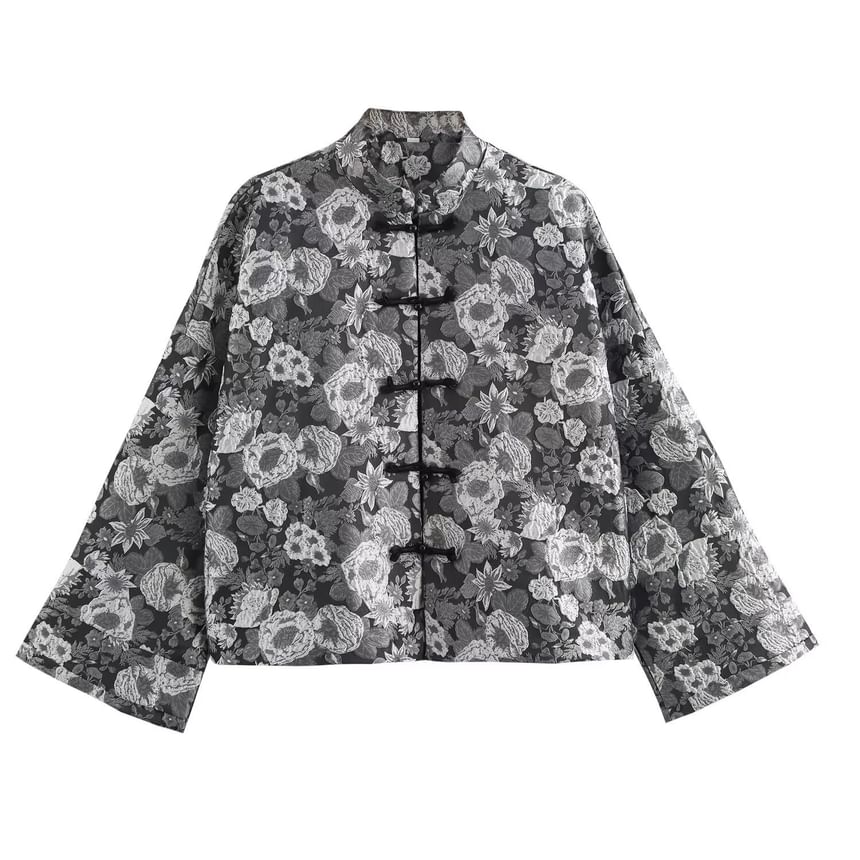 Cumulys - Blouse met lange mouwen en opstaande kraag en bloemenjacquard