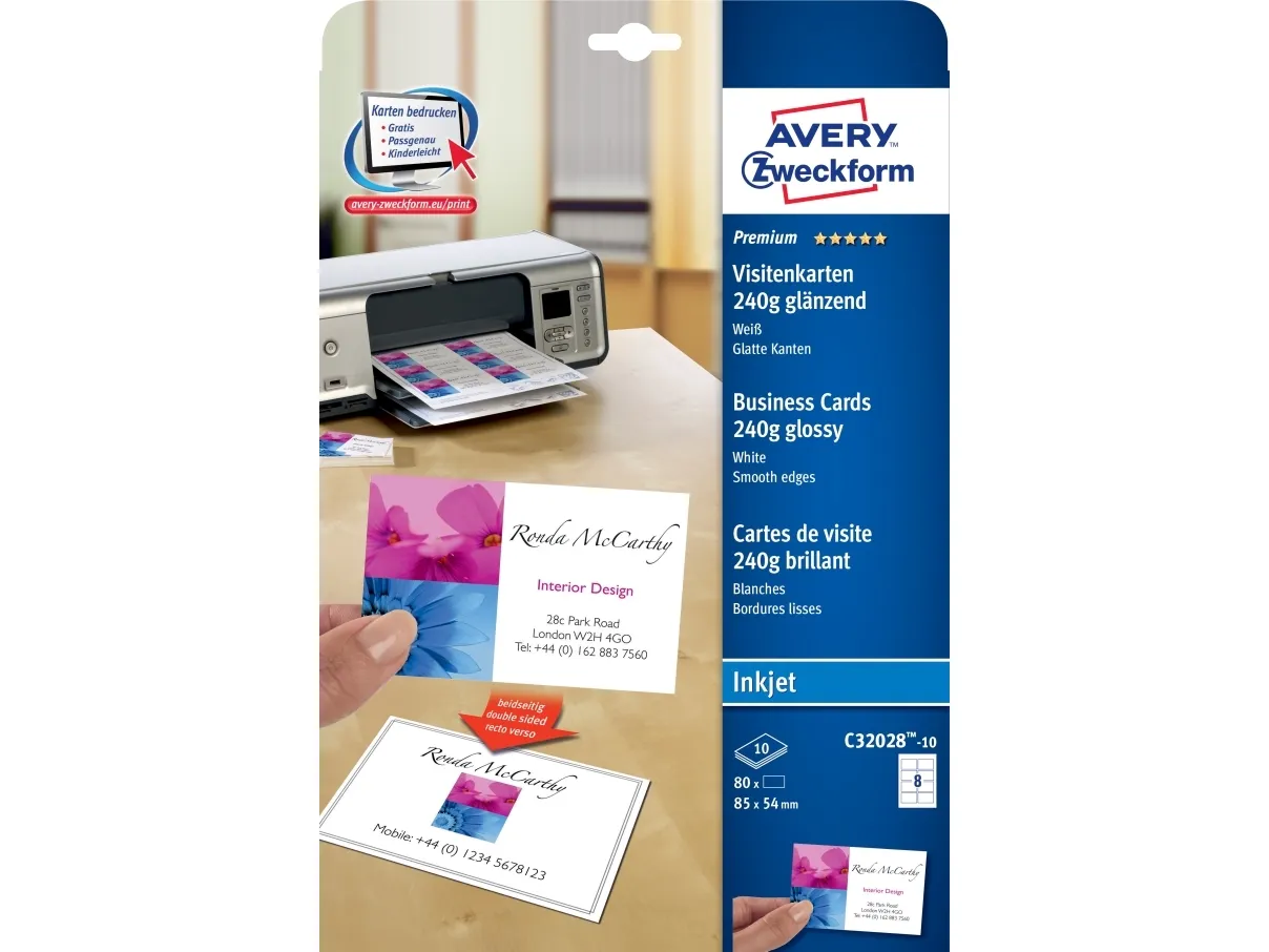 Avery Quick&Clean - Skinnende - hvid - 220 g/m² - 10 stk. 8) fotovisitkort