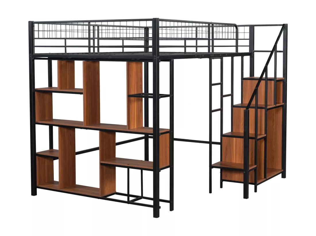 Lit mezzanine 140 x 200 cm avec armoire et étagères - Métal + Contreplaqué + MDF - Sommier à lattes - Noir